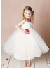 Ivory Satin Tulle Tea Length Cross Back Simple Flower Girl Dress